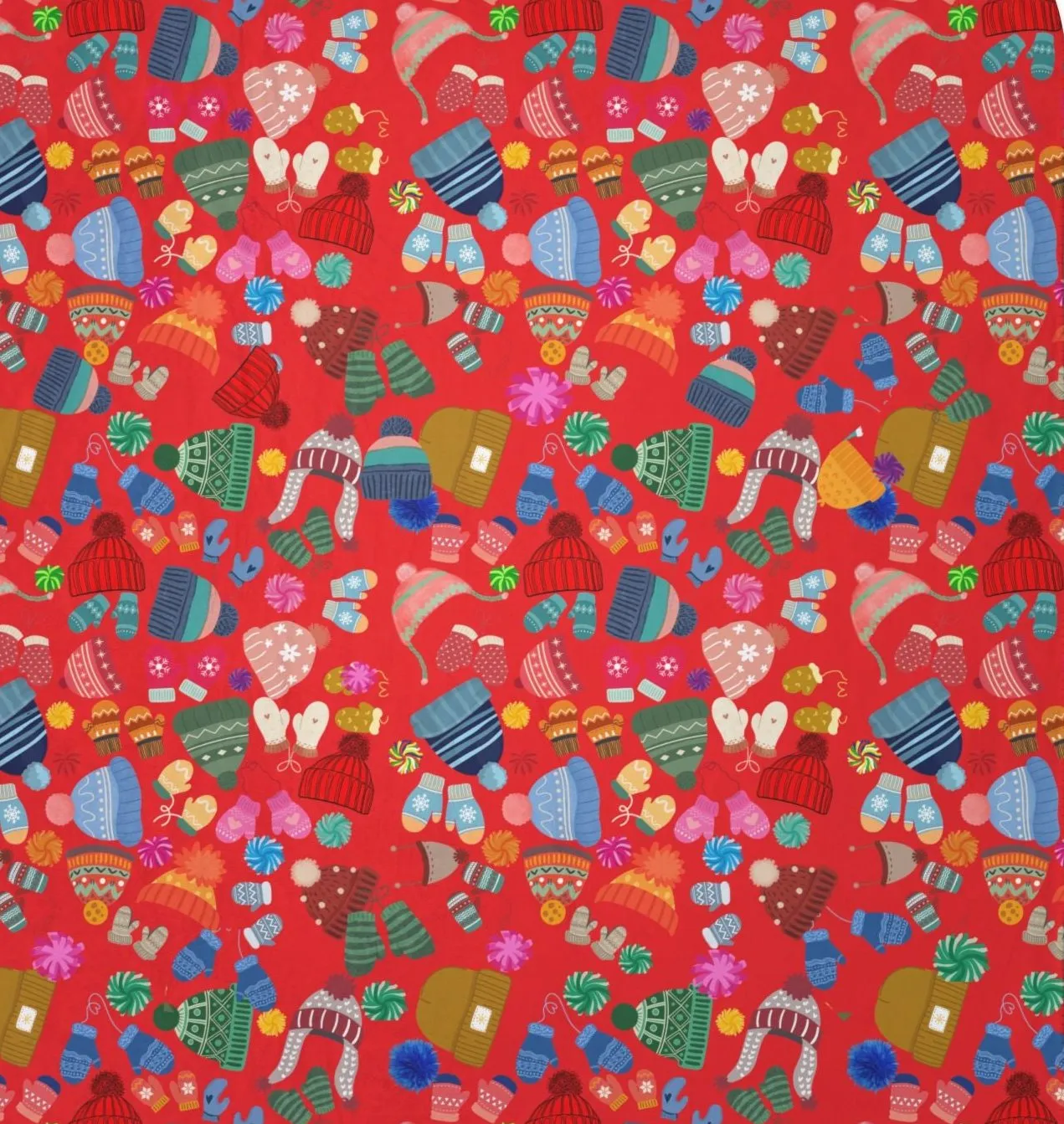 Beanies, Trappers, Mittens and Pom-Poms Fleece Sherpa Blanket -Cozy, Comfy, and Colorful