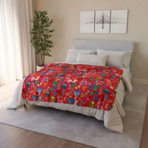 Beanies, Trappers, Mittens and Pom-Poms Fleece Sherpa Blanket -Cozy, Comfy, and Colorful