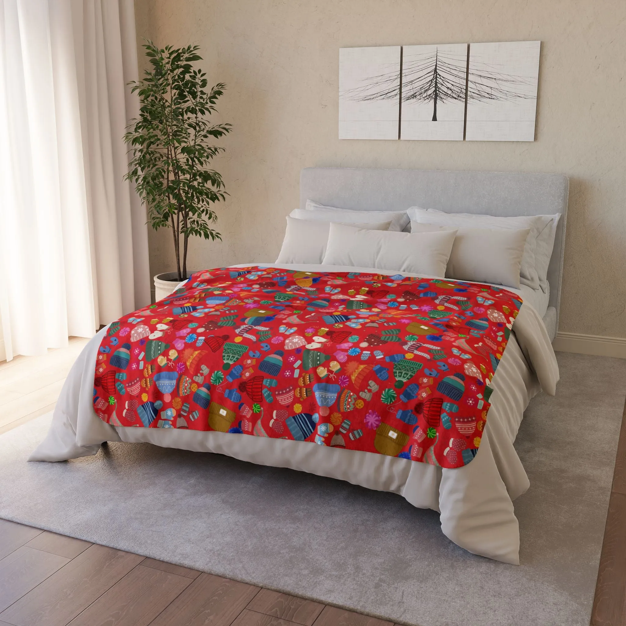 Beanies, Trappers, Mittens and Pom-Poms Fleece Sherpa Blanket -Cozy, Comfy, and Colorful