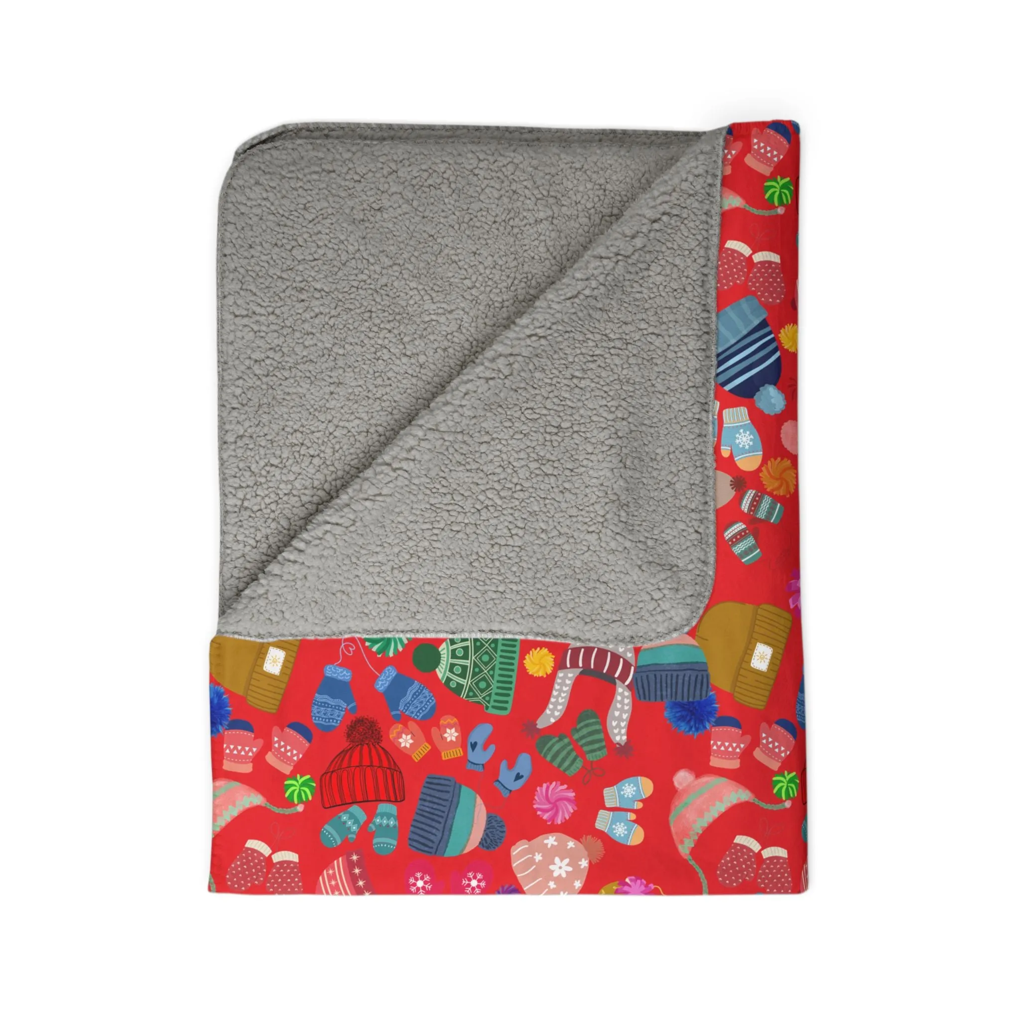 Beanies, Trappers, Mittens and Pom-Poms Fleece Sherpa Blanket -Cozy, Comfy, and Colorful