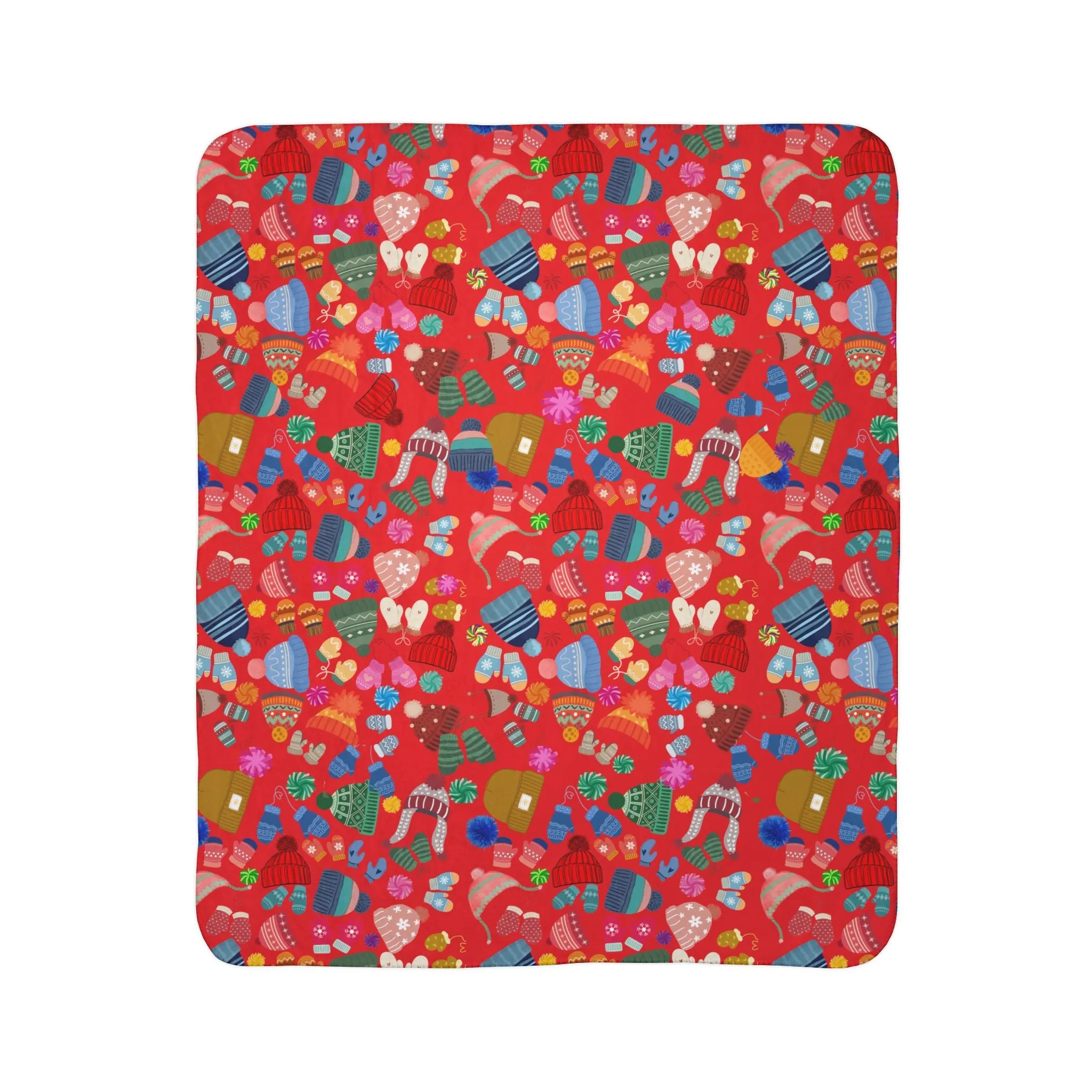 Beanies, Trappers, Mittens and Pom-Poms Fleece Sherpa Blanket -Cozy, Comfy, and Colorful