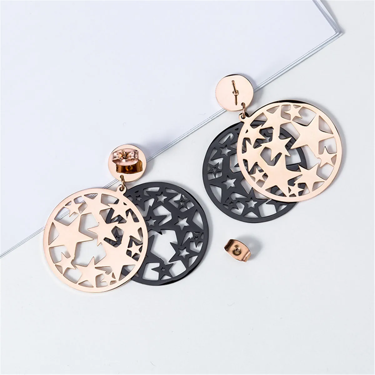 Black & 18K Rose Gold-Plated Star Circle Drop Earring