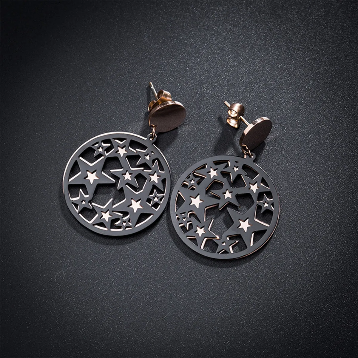 Black & 18K Rose Gold-Plated Star Circle Drop Earring