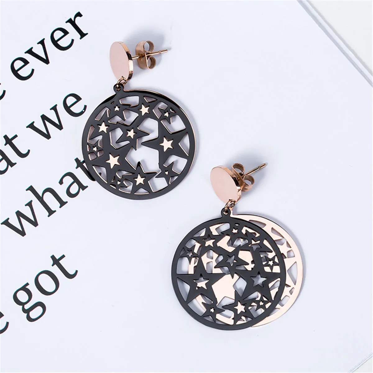 Black & 18K Rose Gold-Plated Star Circle Drop Earring