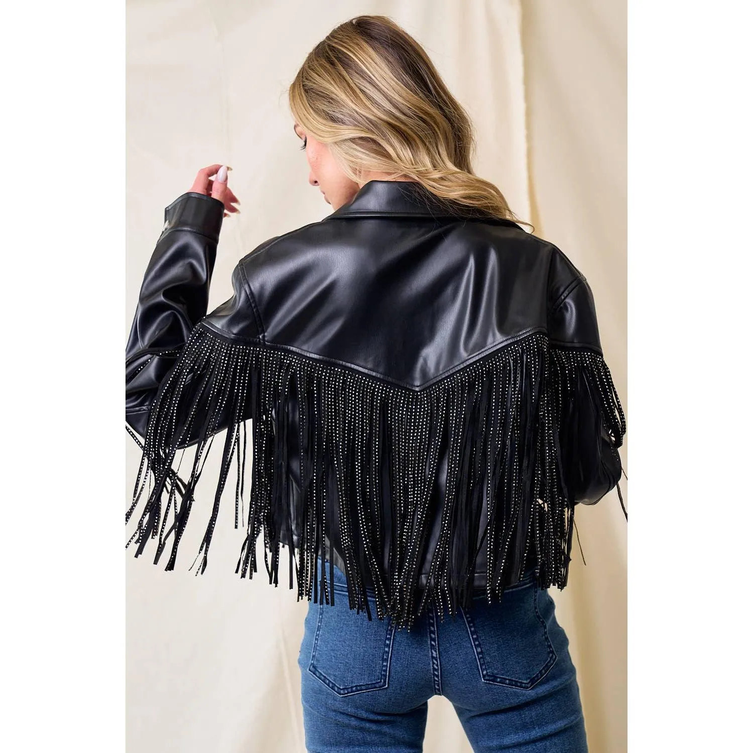 BLACK PU SILVER STUDDED FRINGE BUTTON DOWN JACKET