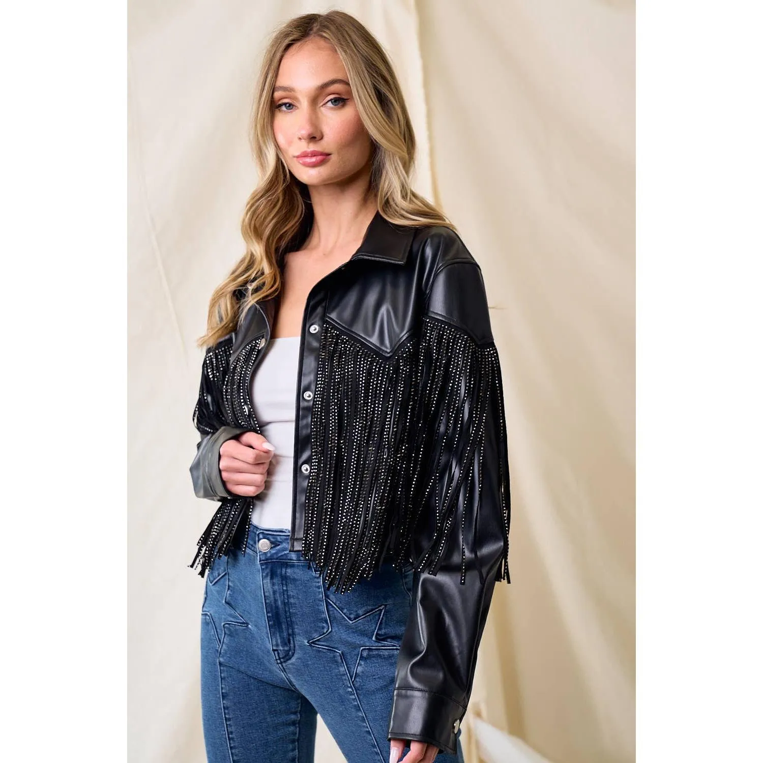 BLACK PU SILVER STUDDED FRINGE BUTTON DOWN JACKET