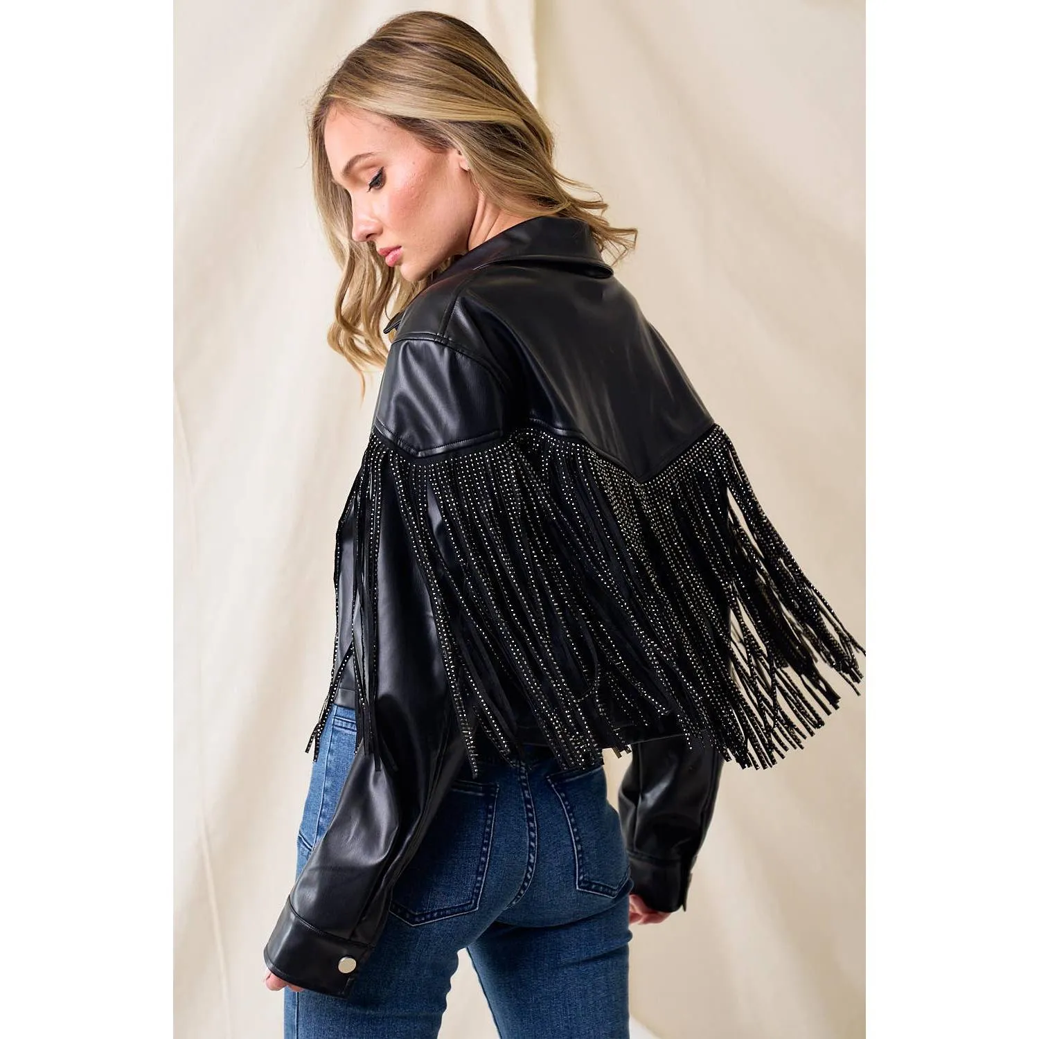 BLACK PU SILVER STUDDED FRINGE BUTTON DOWN JACKET