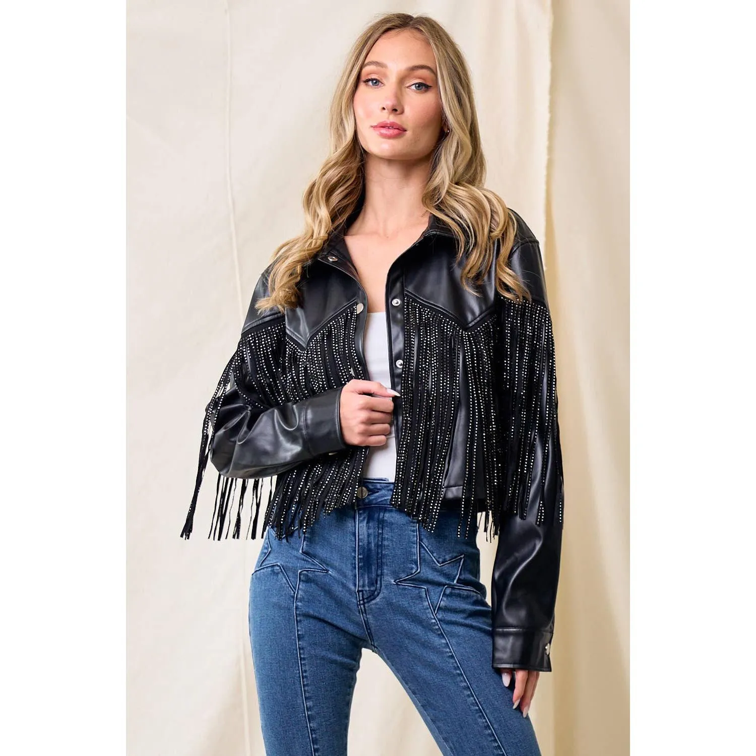 BLACK PU SILVER STUDDED FRINGE BUTTON DOWN JACKET