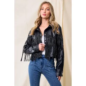 BLACK PU SILVER STUDDED FRINGE BUTTON DOWN JACKET