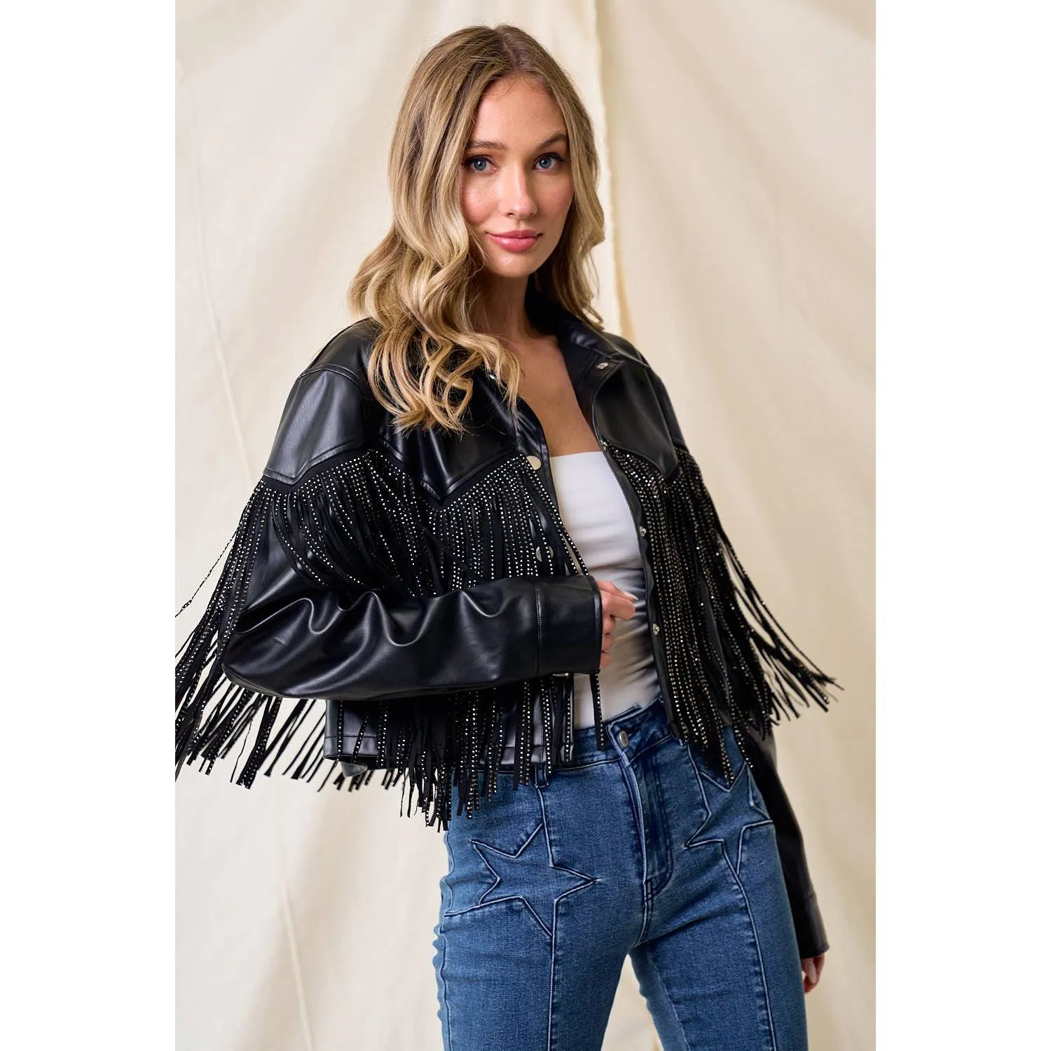 BLACK PU SILVER STUDDED FRINGE BUTTON DOWN JACKET