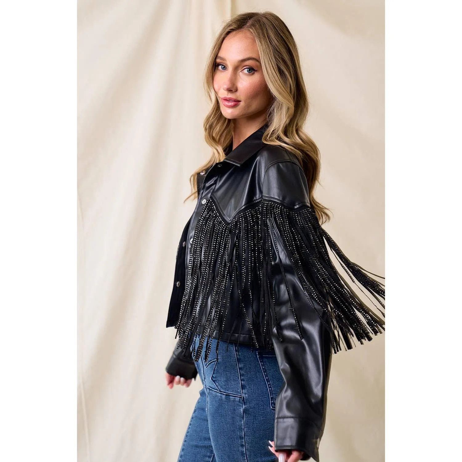 BLACK PU SILVER STUDDED FRINGE BUTTON DOWN JACKET