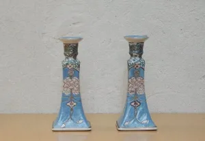 Blue White Ornate Ceramic Candle Holders, Chinese Inspired, Square Bases