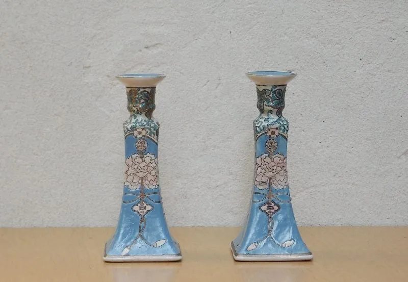 Blue White Ornate Ceramic Candle Holders, Chinese Inspired, Square Bases