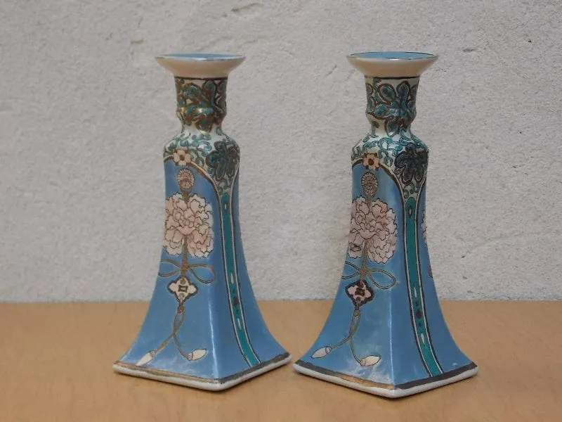Blue White Ornate Ceramic Candle Holders, Chinese Inspired, Square Bases