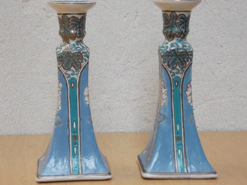 Blue White Ornate Ceramic Candle Holders, Chinese Inspired, Square Bases