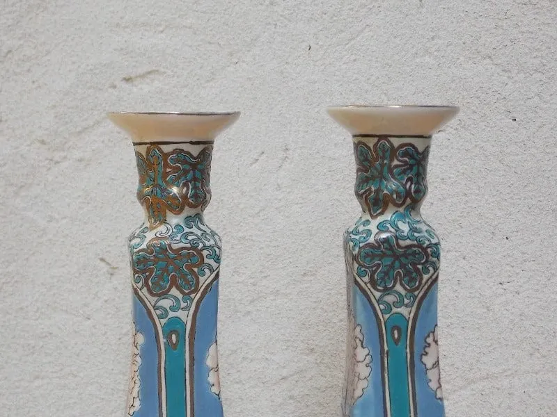 Blue White Ornate Ceramic Candle Holders, Chinese Inspired, Square Bases