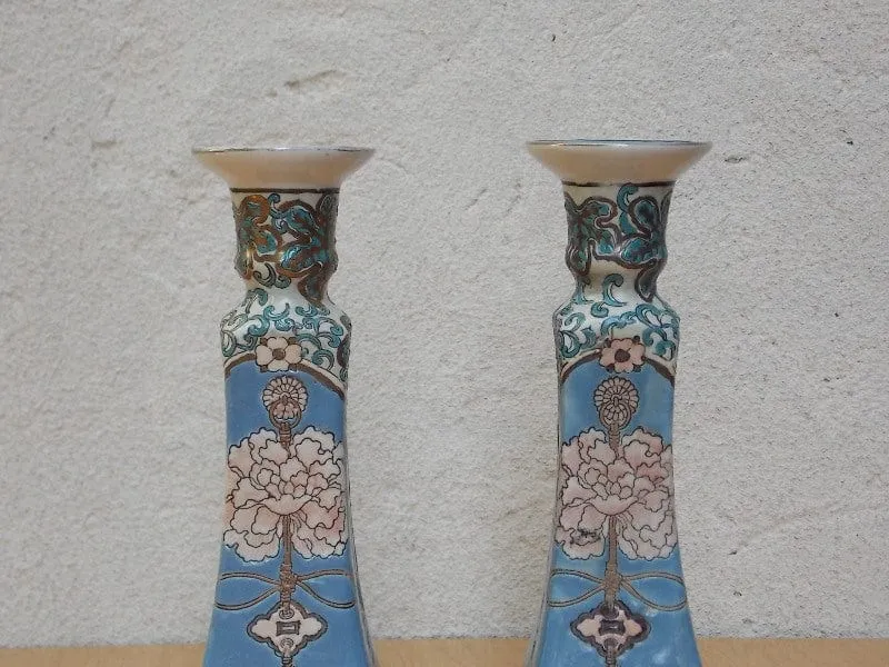 Blue White Ornate Ceramic Candle Holders, Chinese Inspired, Square Bases