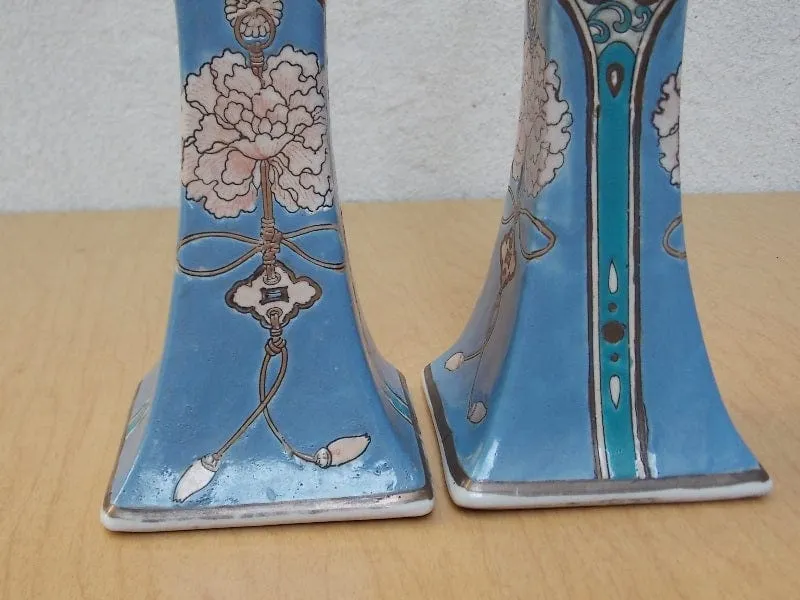 Blue White Ornate Ceramic Candle Holders, Chinese Inspired, Square Bases