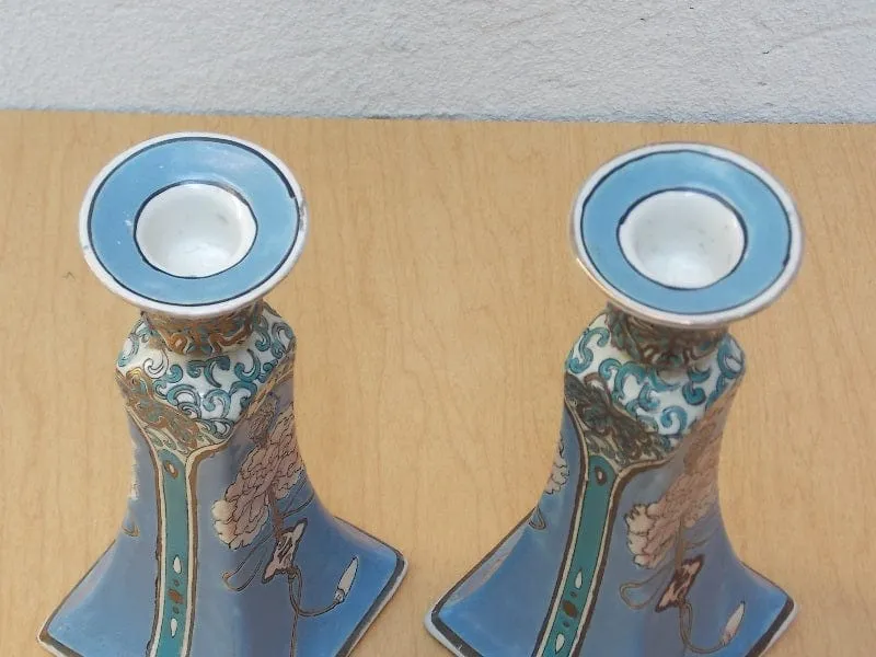 Blue White Ornate Ceramic Candle Holders, Chinese Inspired, Square Bases