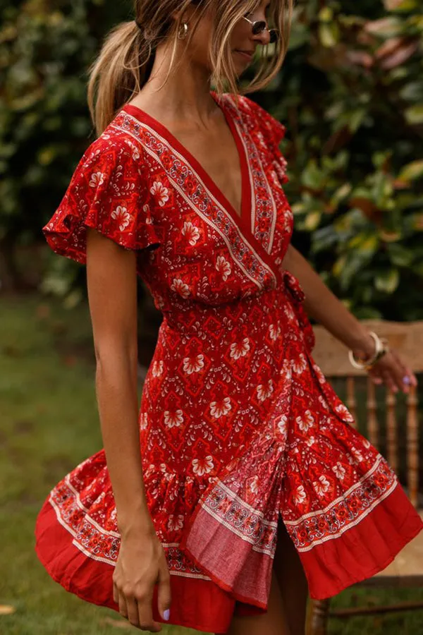 Bohemian beach print V-collar dress