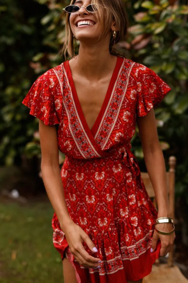 Bohemian beach print V-collar dress