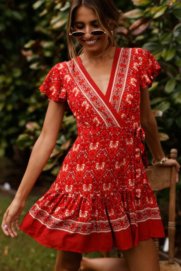 Bohemian beach print V-collar dress