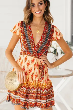 Bohemian beach print V-collar dress
