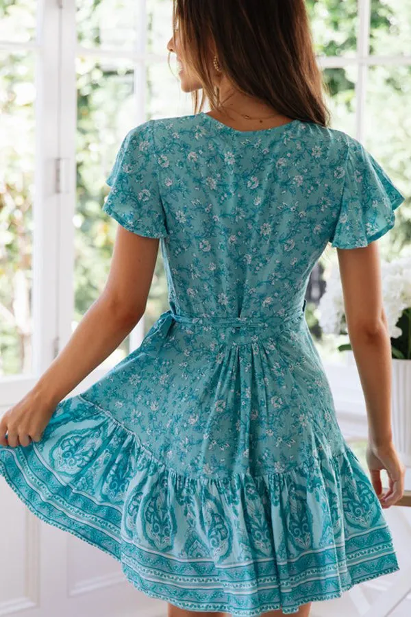 Bohemian beach print V-collar dress