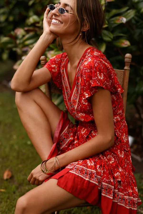 Bohemian beach print V-collar dress