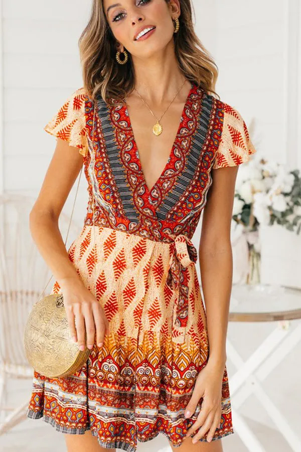 Bohemian beach print V-collar dress