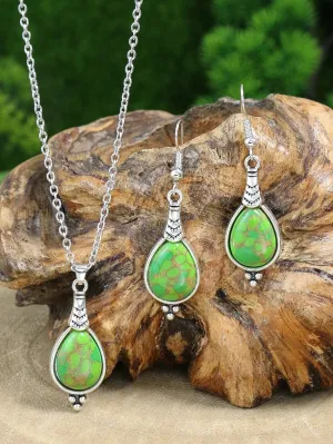 Bohemian Holiday Style Jewelry Set Women's Water Droplet Stone Inlaid Classic Simple Earrings Short Necklace