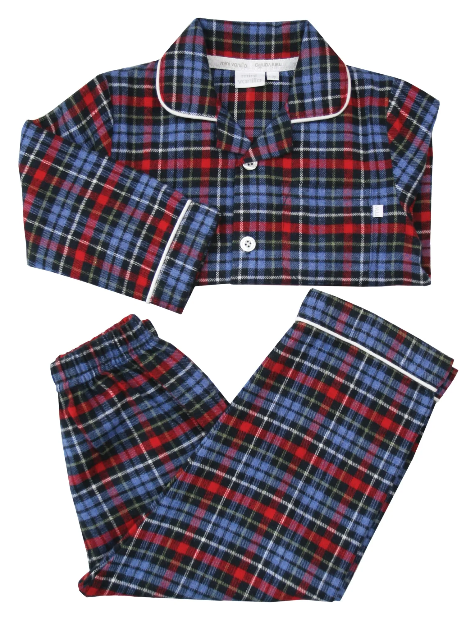 Boys Blue/ Red Brushed Check Winter Traditional Pyjama Set.