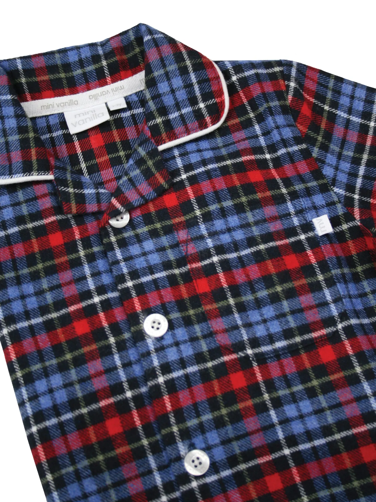 Boys Blue/ Red Brushed Check Winter Traditional Pyjama Set.