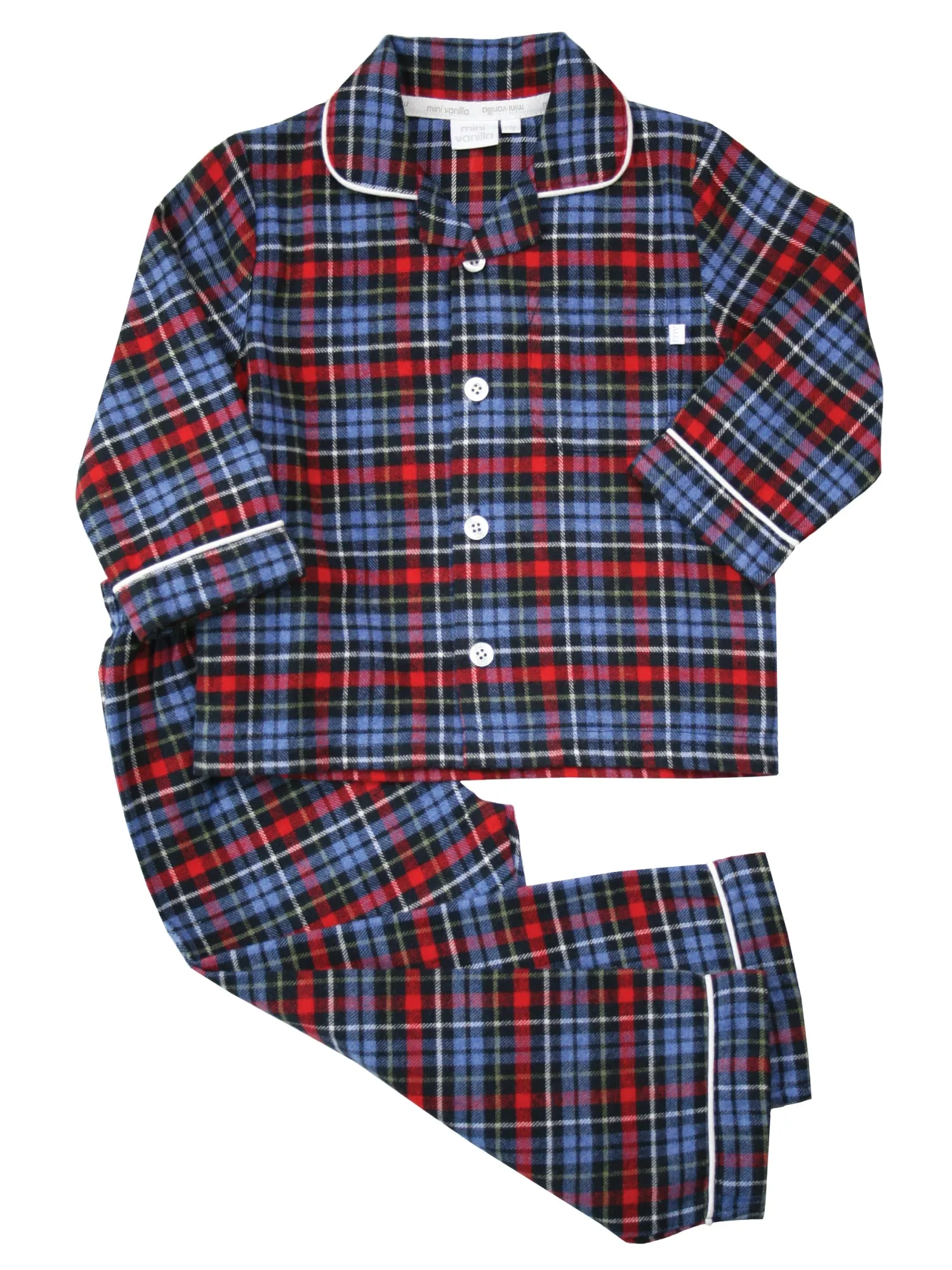 Boys Blue/ Red Brushed Check Winter Traditional Pyjama Set.
