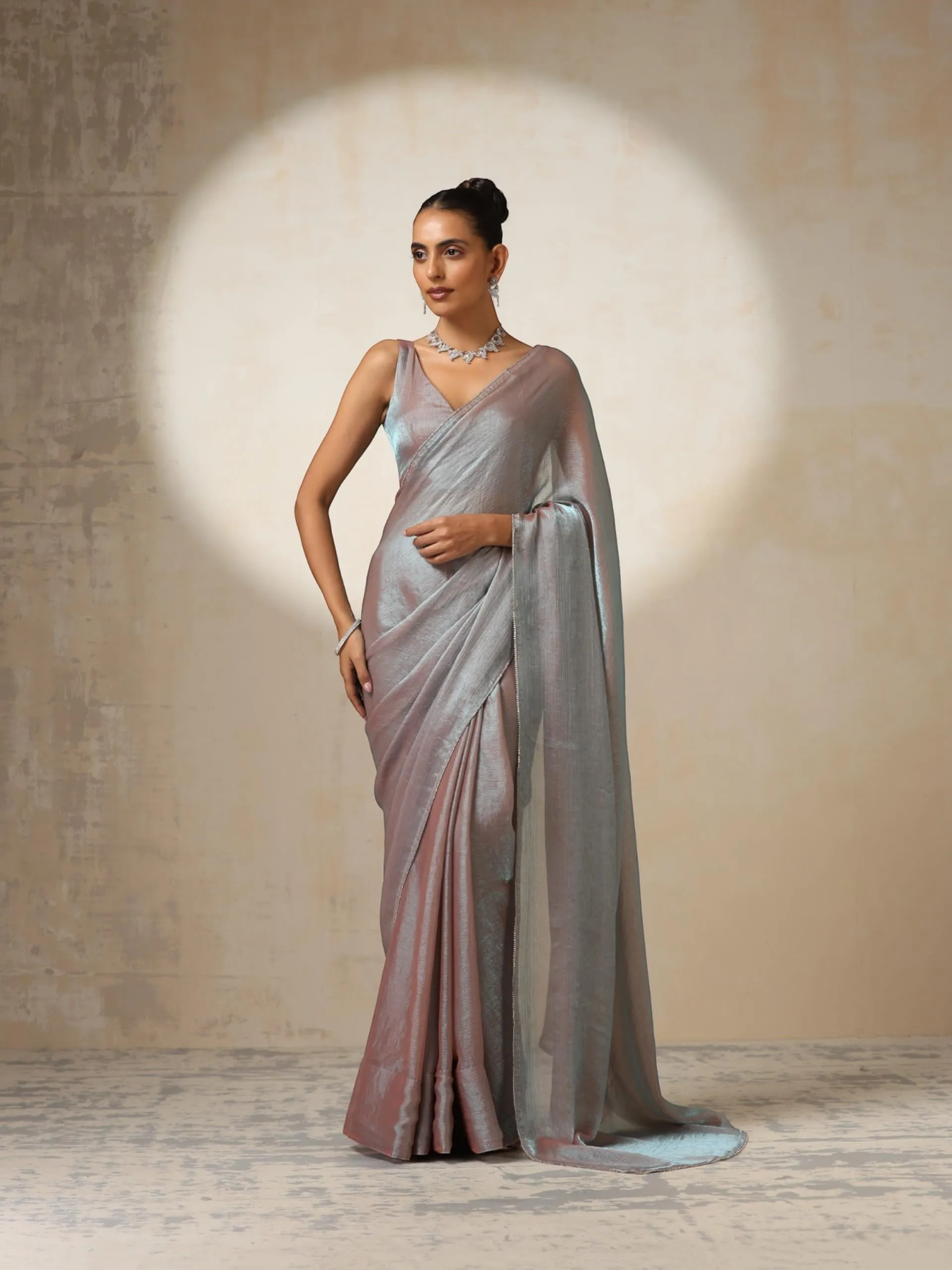 Burnt Sky Mettalic Satin Saree with Diamond lace on Edges with Blouse Fabric