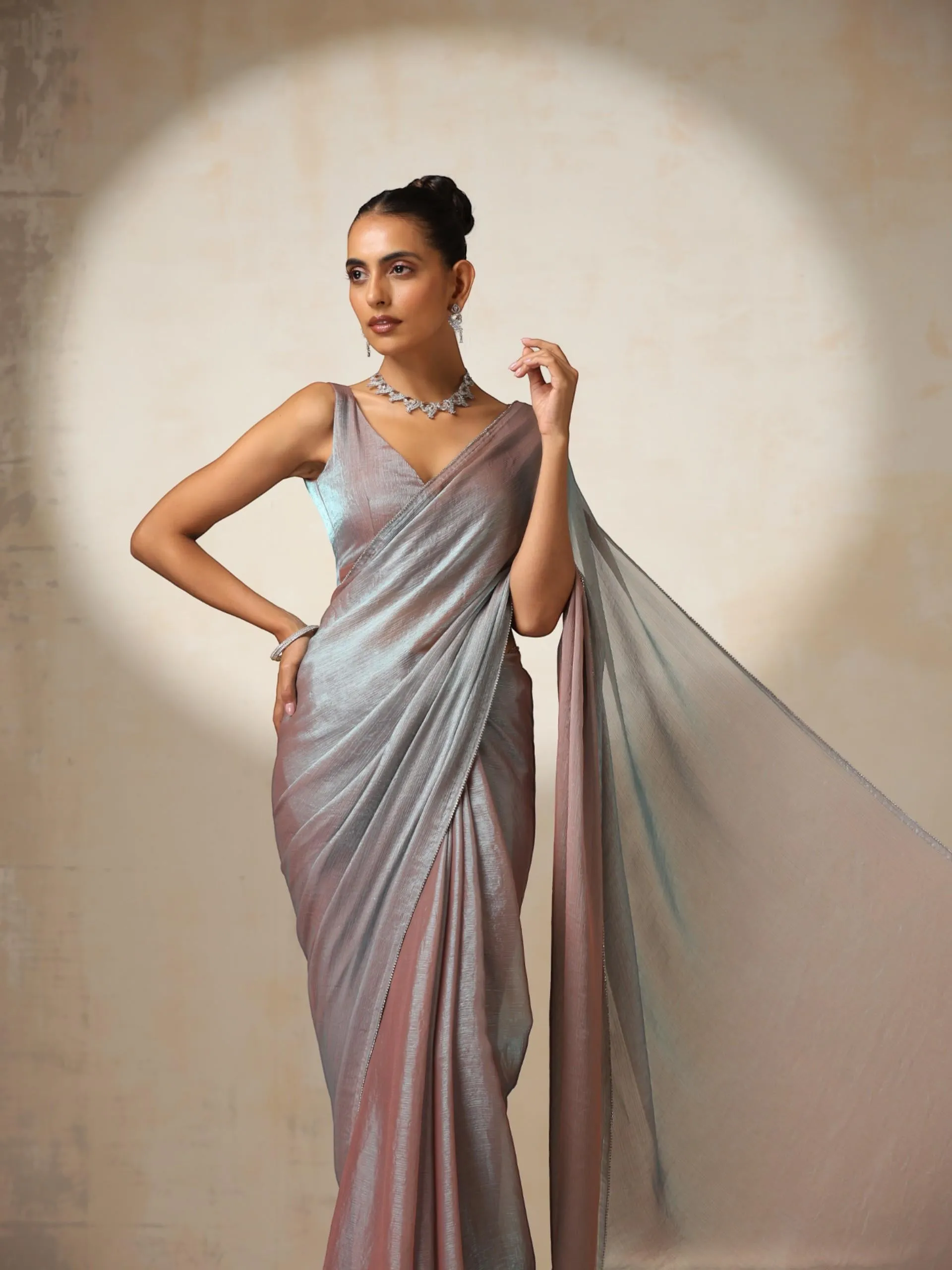 Burnt Sky Mettalic Satin Saree with Diamond lace on Edges with Blouse Fabric