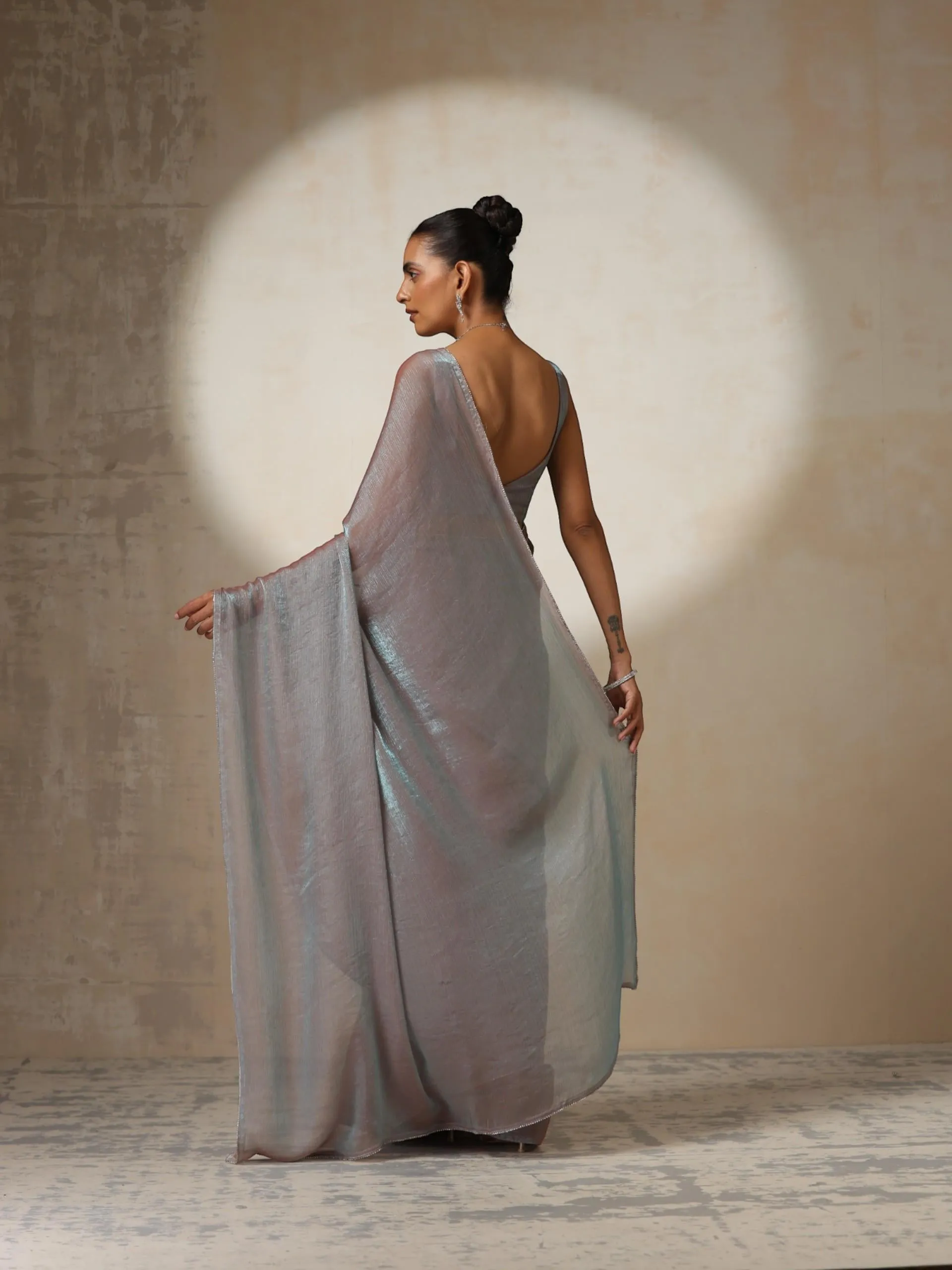 Burnt Sky Mettalic Satin Saree with Diamond lace on Edges with Blouse Fabric