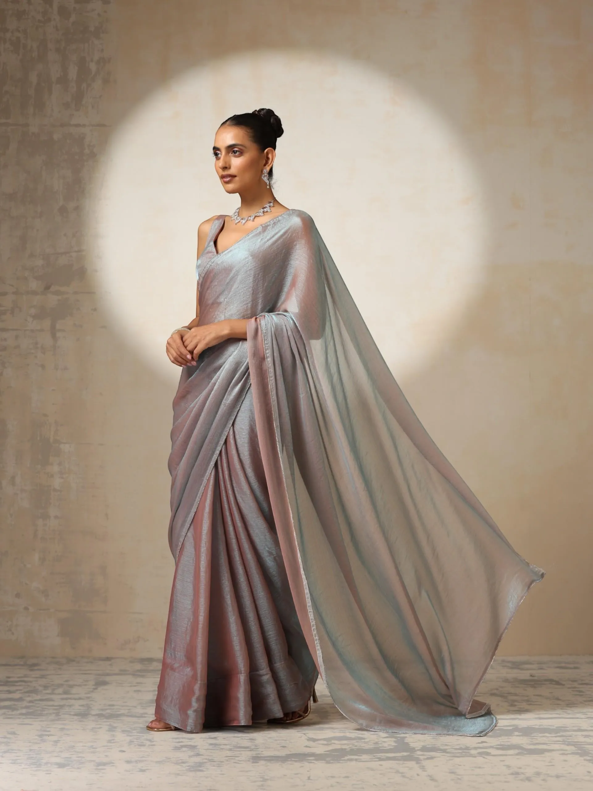 Burnt Sky Mettalic Satin Saree with Diamond lace on Edges with Blouse Fabric