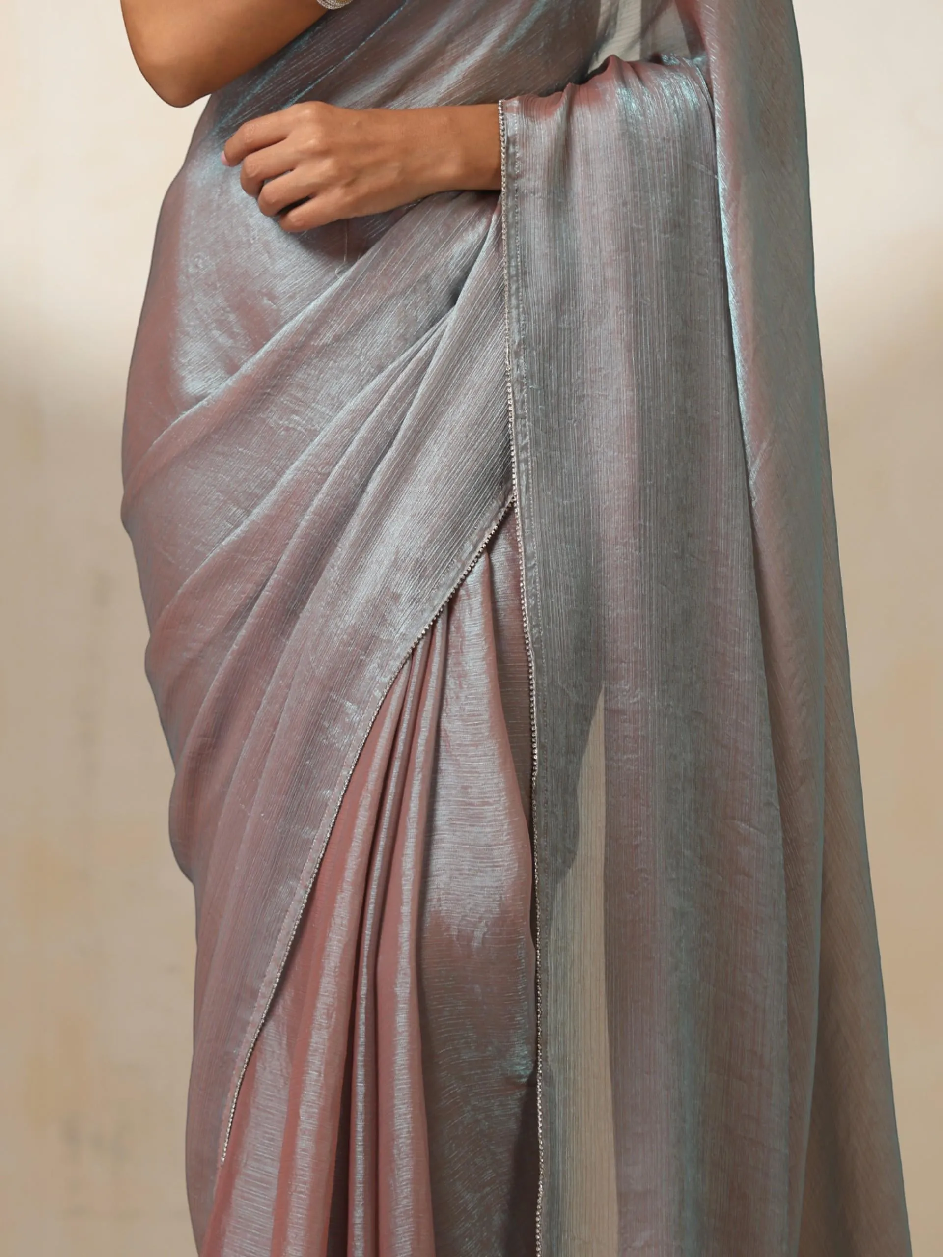 Burnt Sky Mettalic Satin Saree with Diamond lace on Edges with Blouse Fabric