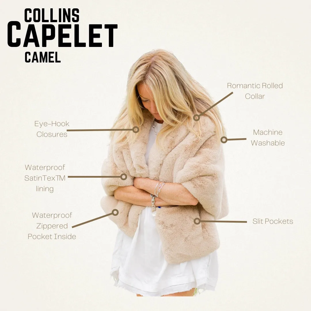 Camel Faux Fur Collins Capelet- Waterproof Satin Lining