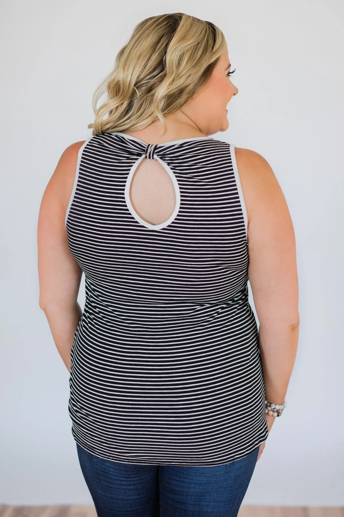Casual Back Keyhole Striped Tank Top- Black & White