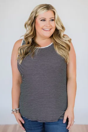Casual Back Keyhole Striped Tank Top- Black & White