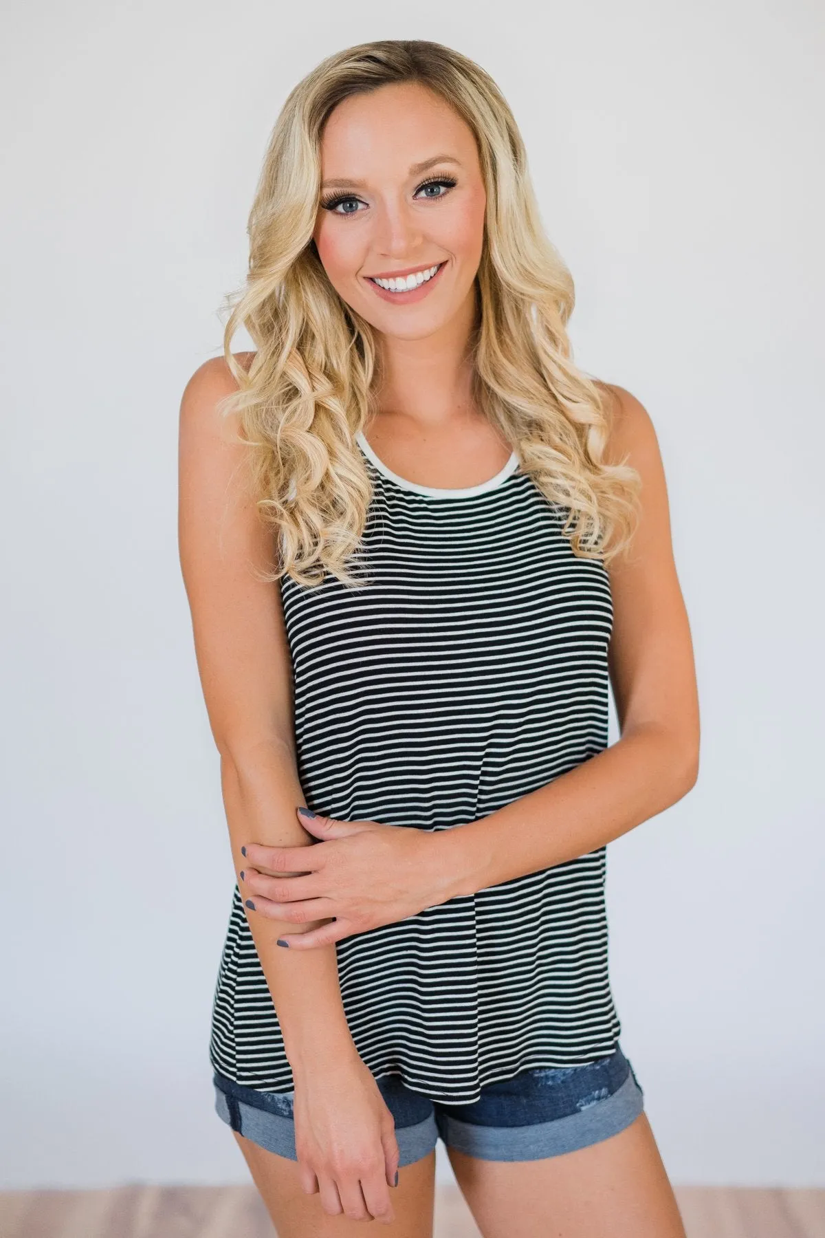Casual Back Keyhole Striped Tank Top- Black & White