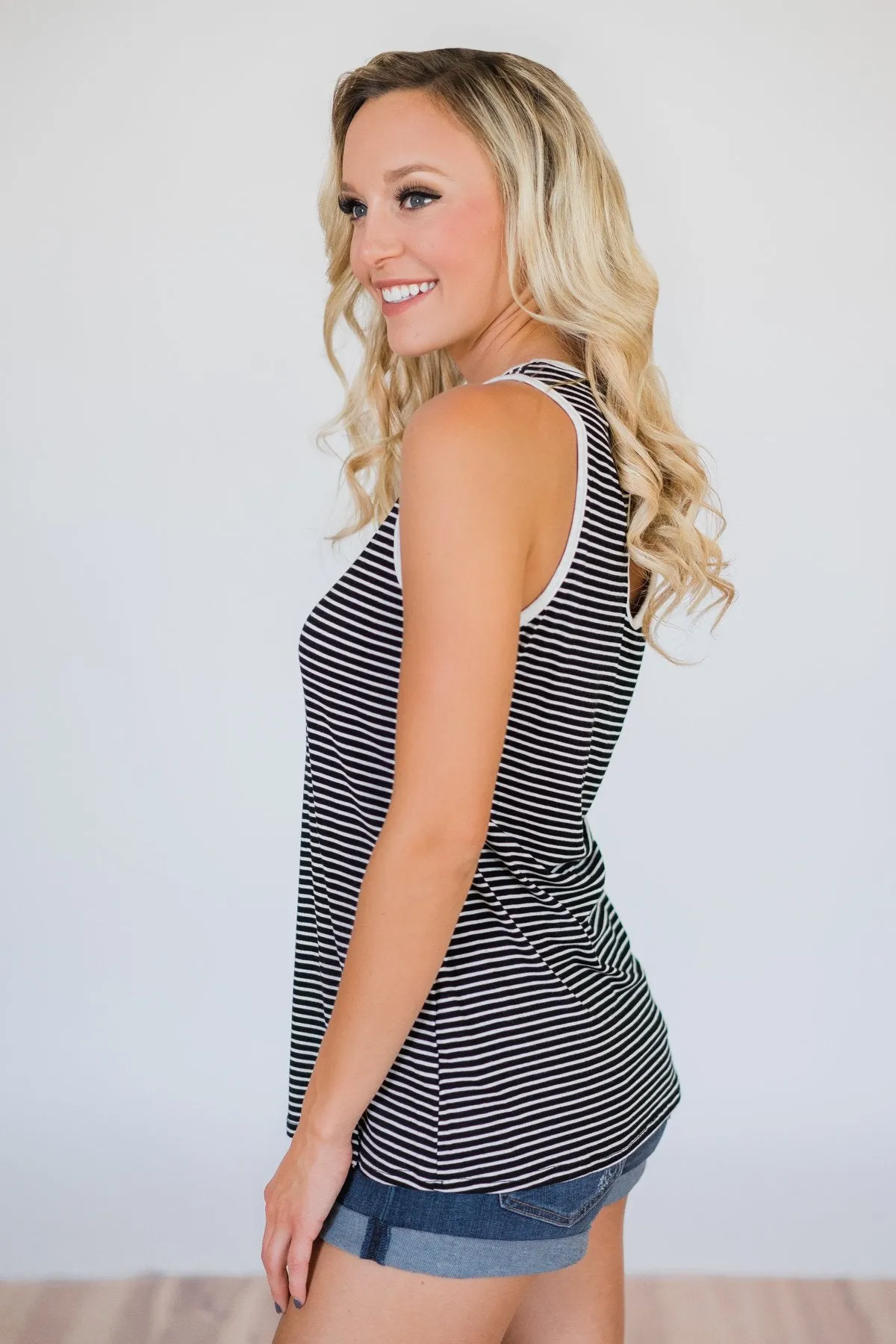 Casual Back Keyhole Striped Tank Top- Black & White