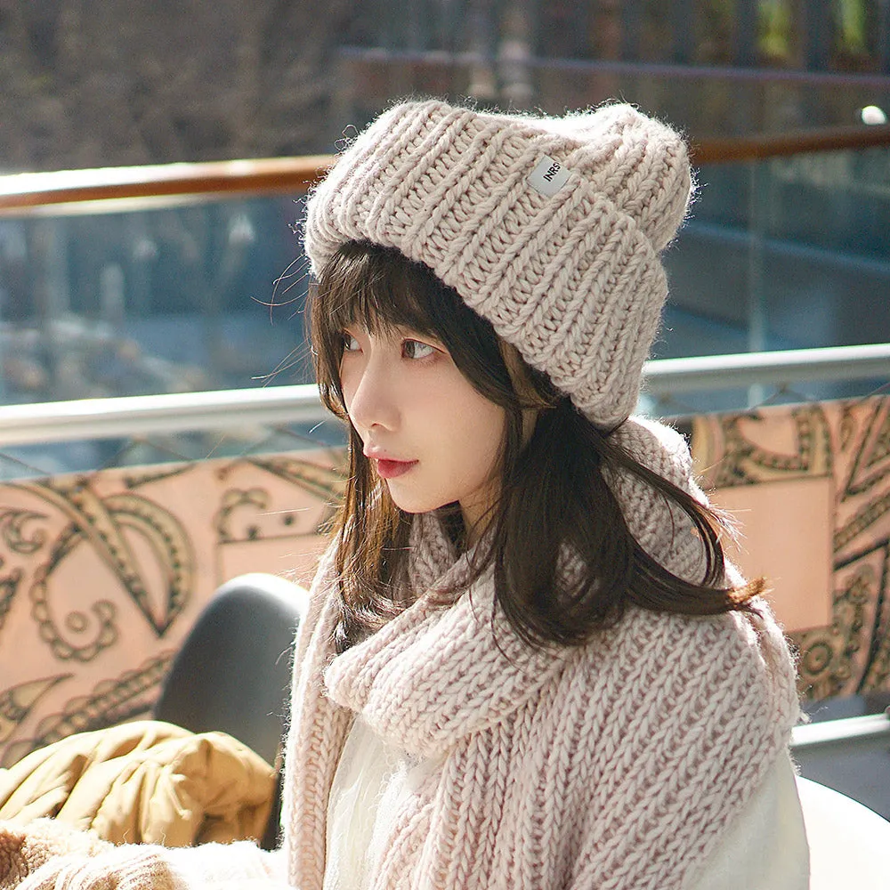 Chunky Wool Blend Beanie with Oversized Stitches - Soft & Cozy - Cool Blue/Almond Buff - 58cm