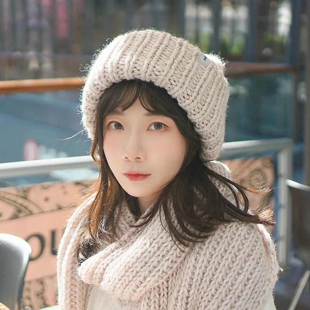 Chunky Wool Blend Beanie with Oversized Stitches - Soft & Cozy - Cool Blue/Almond Buff - 58cm