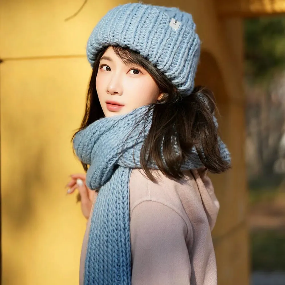 Chunky Wool Blend Beanie with Oversized Stitches - Soft & Cozy - Cool Blue/Almond Buff - 58cm