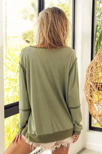 Constance Waffle Knit Contrast Trim Long Sleeve T-Shirt