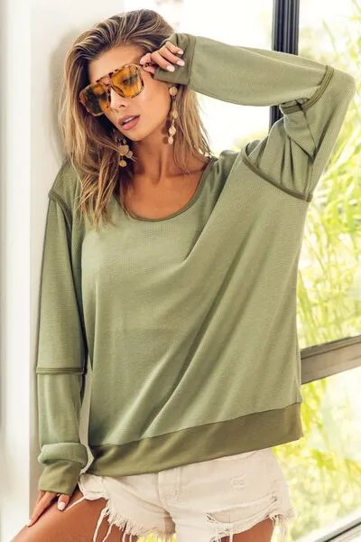 Constance Waffle Knit Contrast Trim Long Sleeve T-Shirt