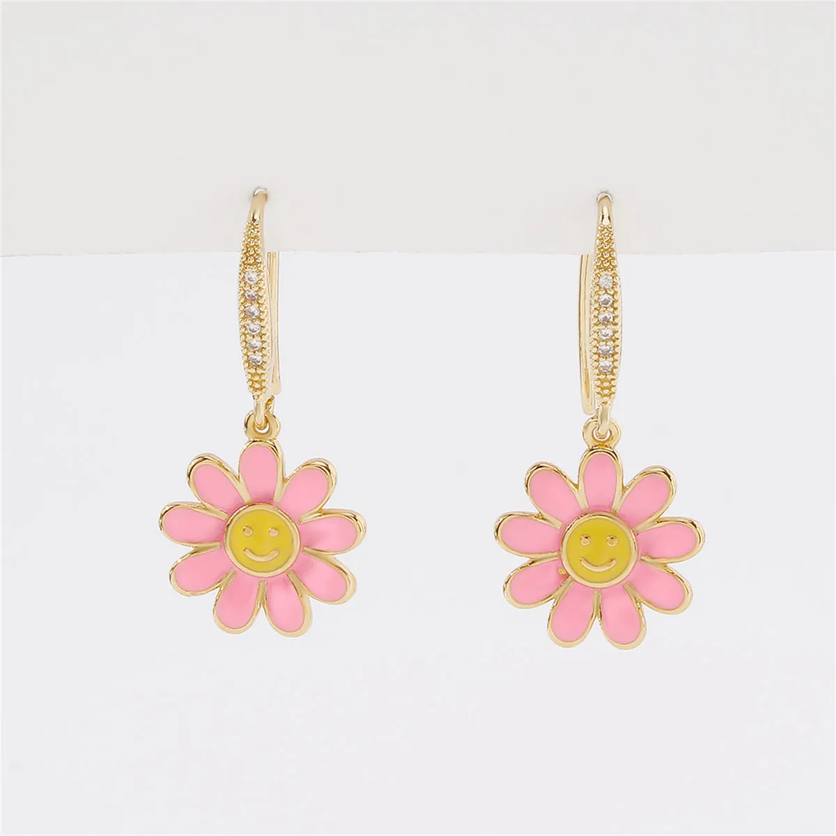 Cubic Zirconia & Enamel 18K Gold-Plated Flower Drop Earrings